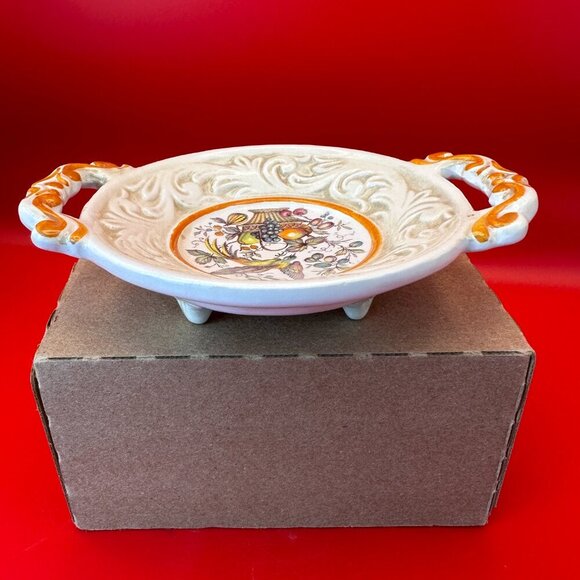 TWO HANDLED CERAMIC LITTLE MAJORKA DISH PLUS BOWL SET w/BIRD & FRUIT DESIGN - Picture 11 of 15